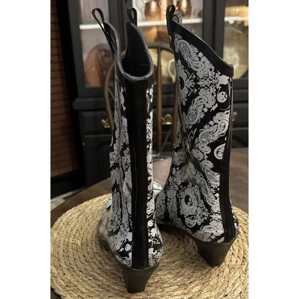 Pointed Toe Rain Boot With Skull Paisley Lightening Bolt Gothic Size‎ 9